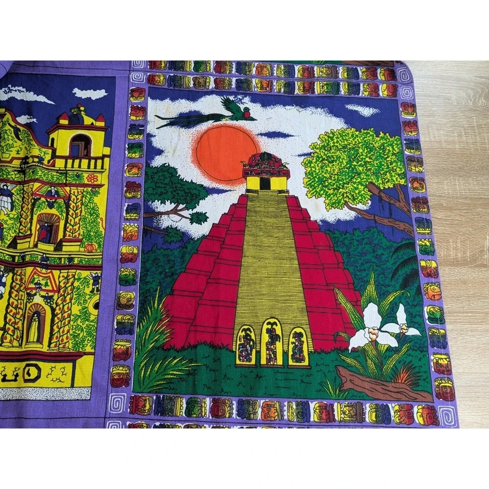Vintage Guatemalan Fabric Tablecloth San Andres Xecul Church Folk Art 60x96